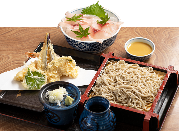 Cold Soba Noodles and Tempura with Cold Carp Sashimi 